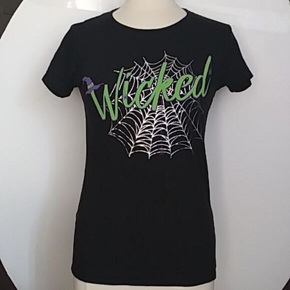 Wicked T Shirt  Women's Black Silver Spider Web Green Spell Out M - Picture 1 of 6